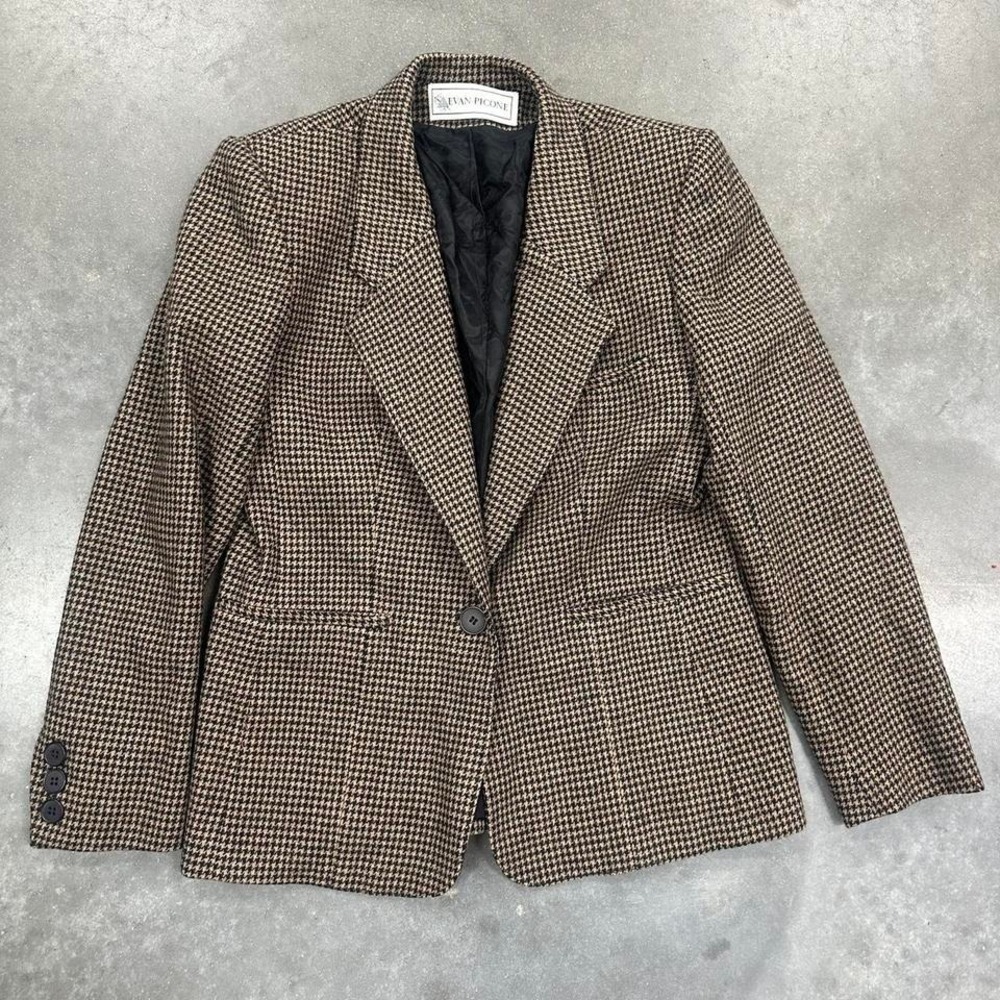 Evan Picone vintage union made brown wool checkered blazer w black lining Sz 36R